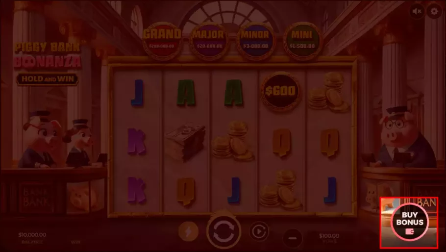 Zrzut ekranu przycisku BUY BONUS na panelu sterowania slotu