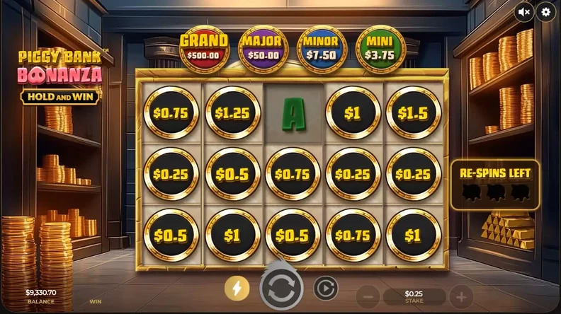 Aktywny Hold and Win w Piggy Bank Bonanza — wypełniona siatka monetami, jackpoty Mini, Major, Grand