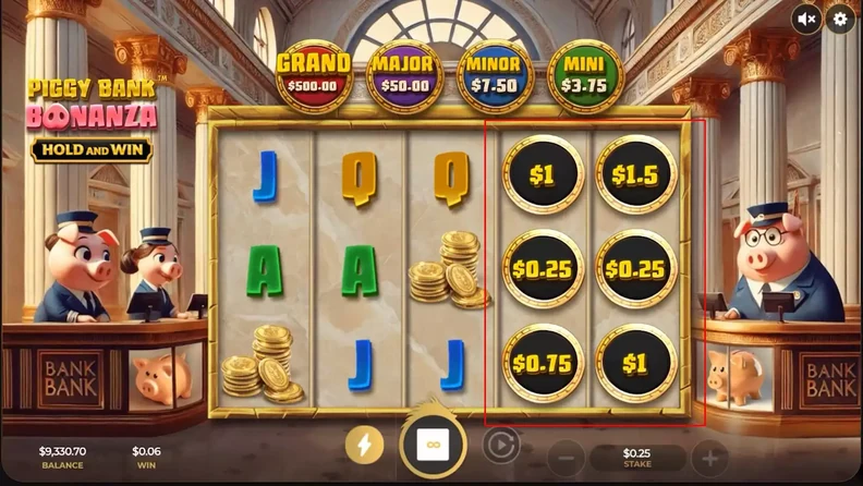 Aktywacja Hold and Win w Piggy Bank Bonanza — 6+ symboli monetnych na polu, licznik respinów 3