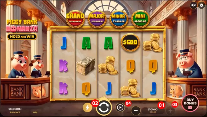 Ogólny widok interfejsu Piggy Bank Bonanza — panel sterowania, przyciski Spin, Max Bet, Autoplay