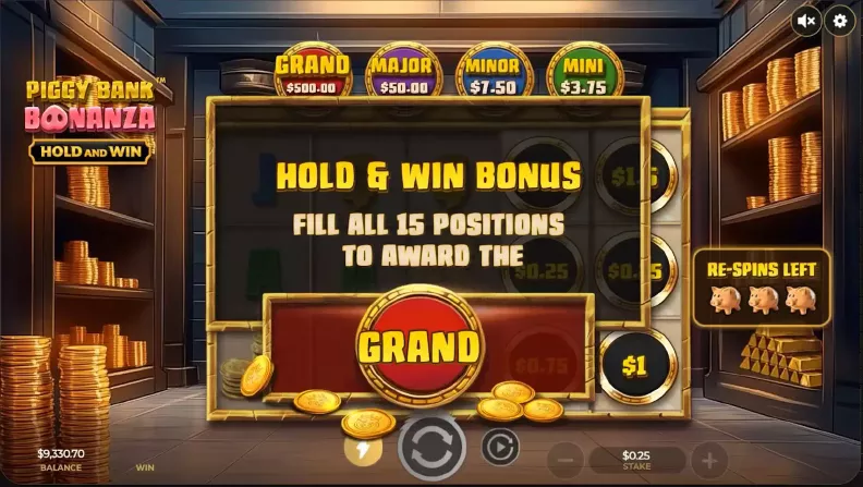Zrzut ekranu wygranej jackpota w bonusie Hold and Win — Piggy Bank Bonanza